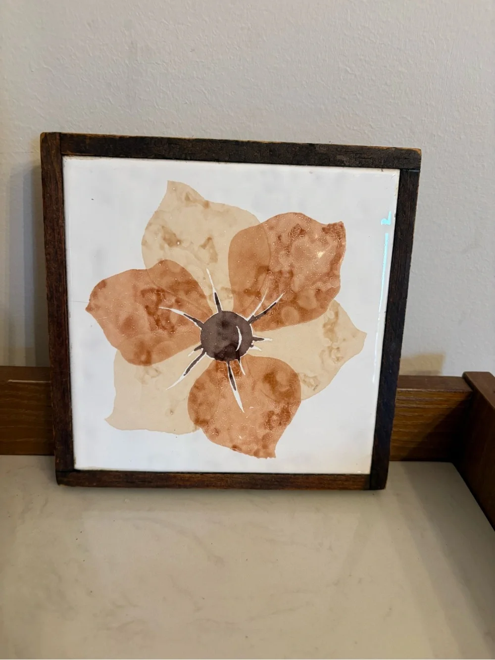 Vintage Italian Neutral Floral Tile /Trivet / Art in Brown and Cream